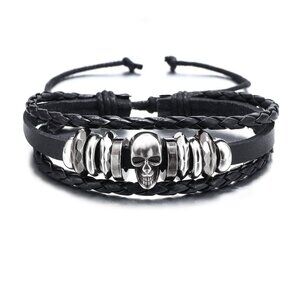 3/$35 Men's Skull Head Black Braided Leather Biker Bracelet Rock Punk Jewelry
